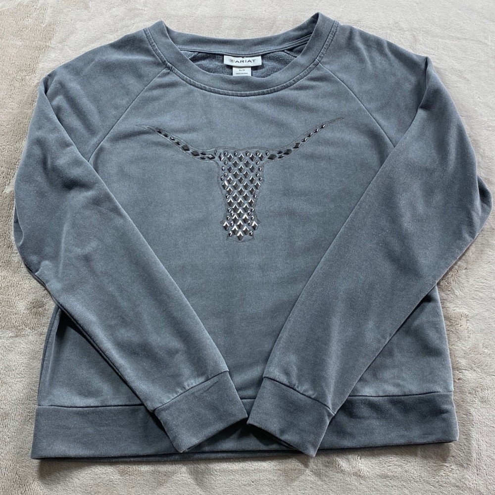 Ariat Womens Gray Studded Steer Skull Raglan Sweatshirt Western French Terry S